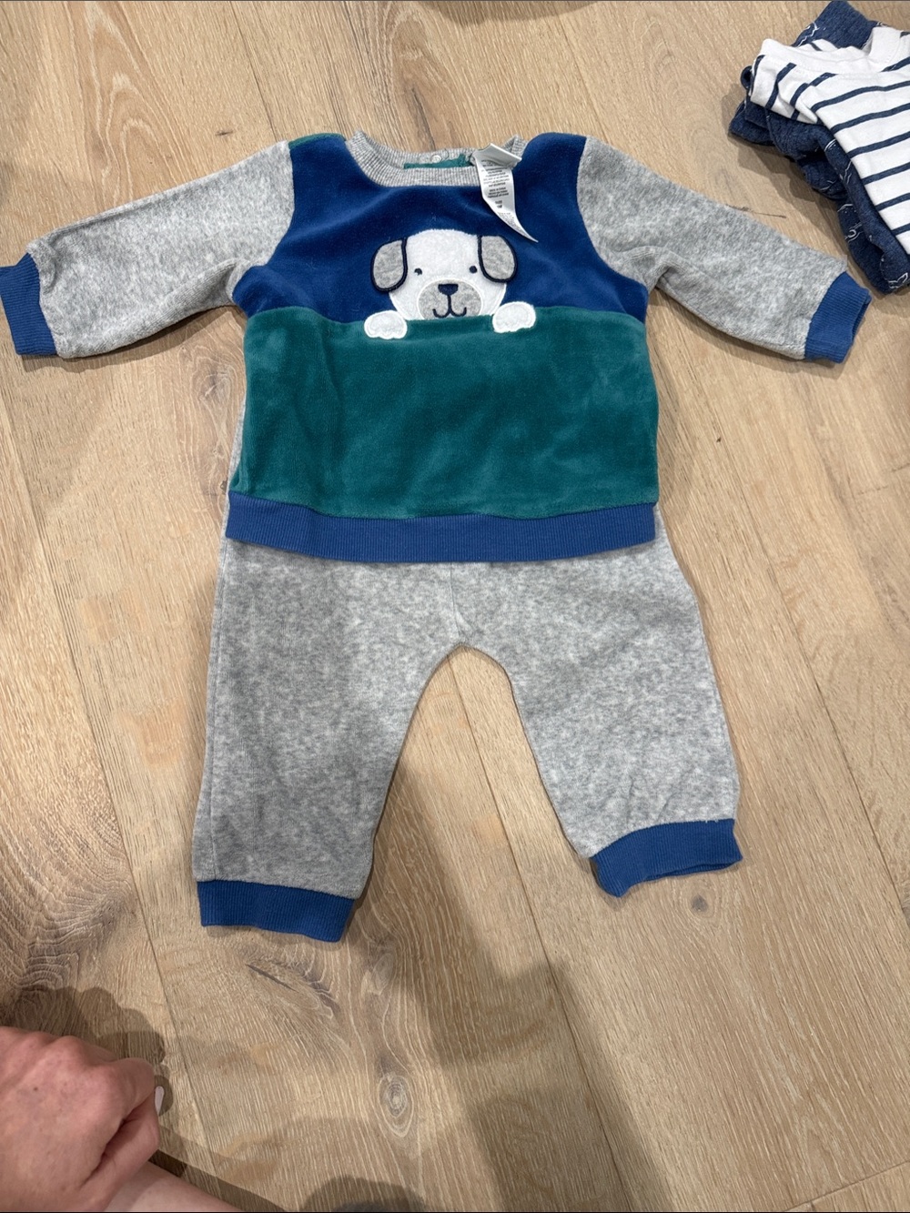 Little Me Blue, Gray & Green Puppy Knit Baby Set